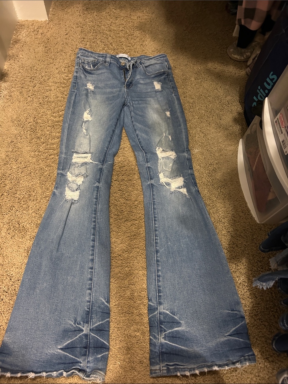 Light Blue Distressed Flare Jeans - High-Rise Wide Leg